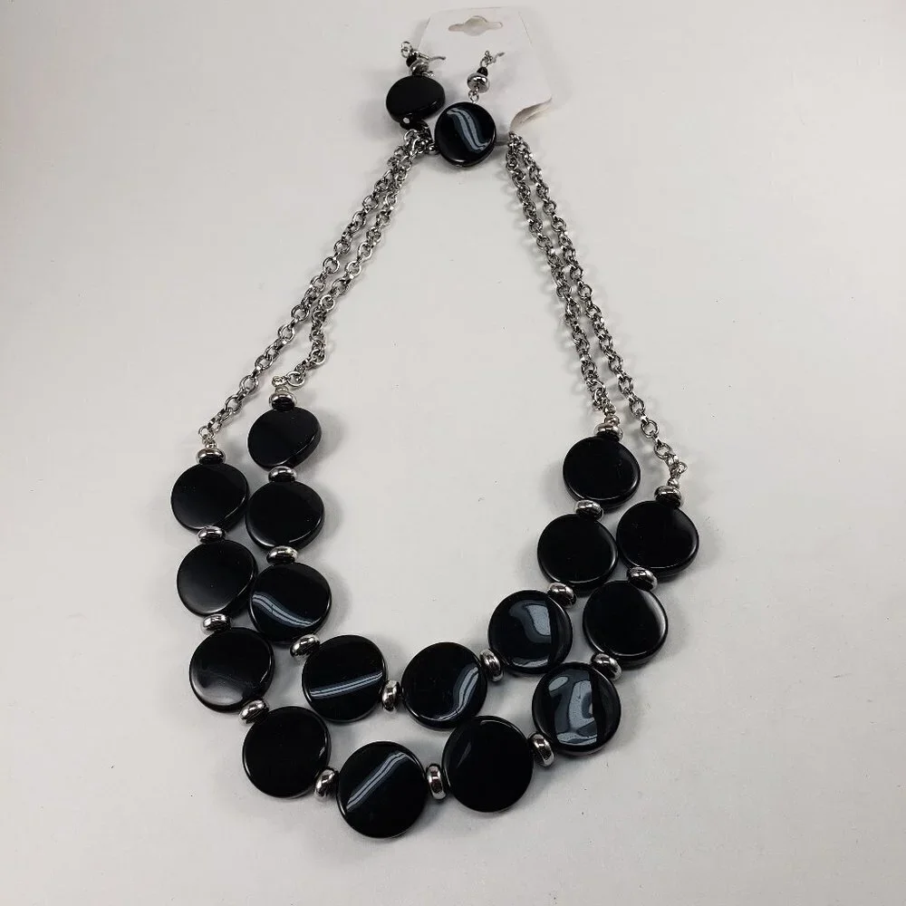Elegant Black Beaded Necklace & Earrings Set – Layered Silver Statement Jewelry